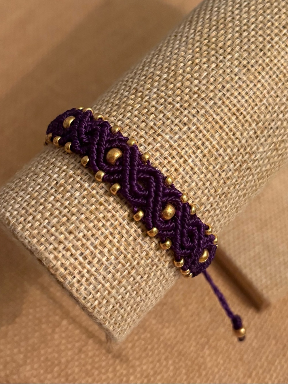 Handwoven Purple Macramé Bracelet with Gold Beads
